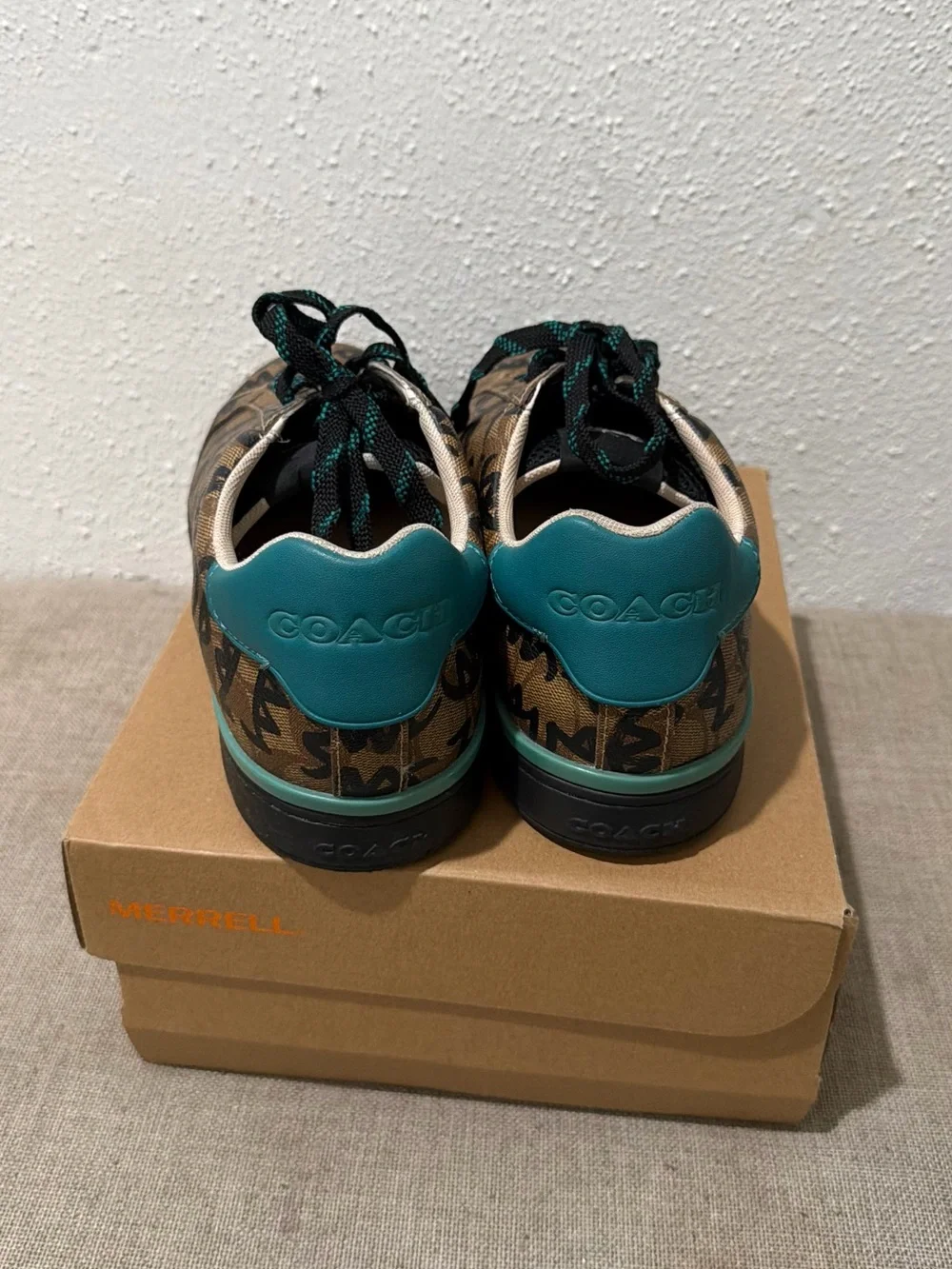 Coach Brown Logo-Print Low Top Sneakers with Teal Accents